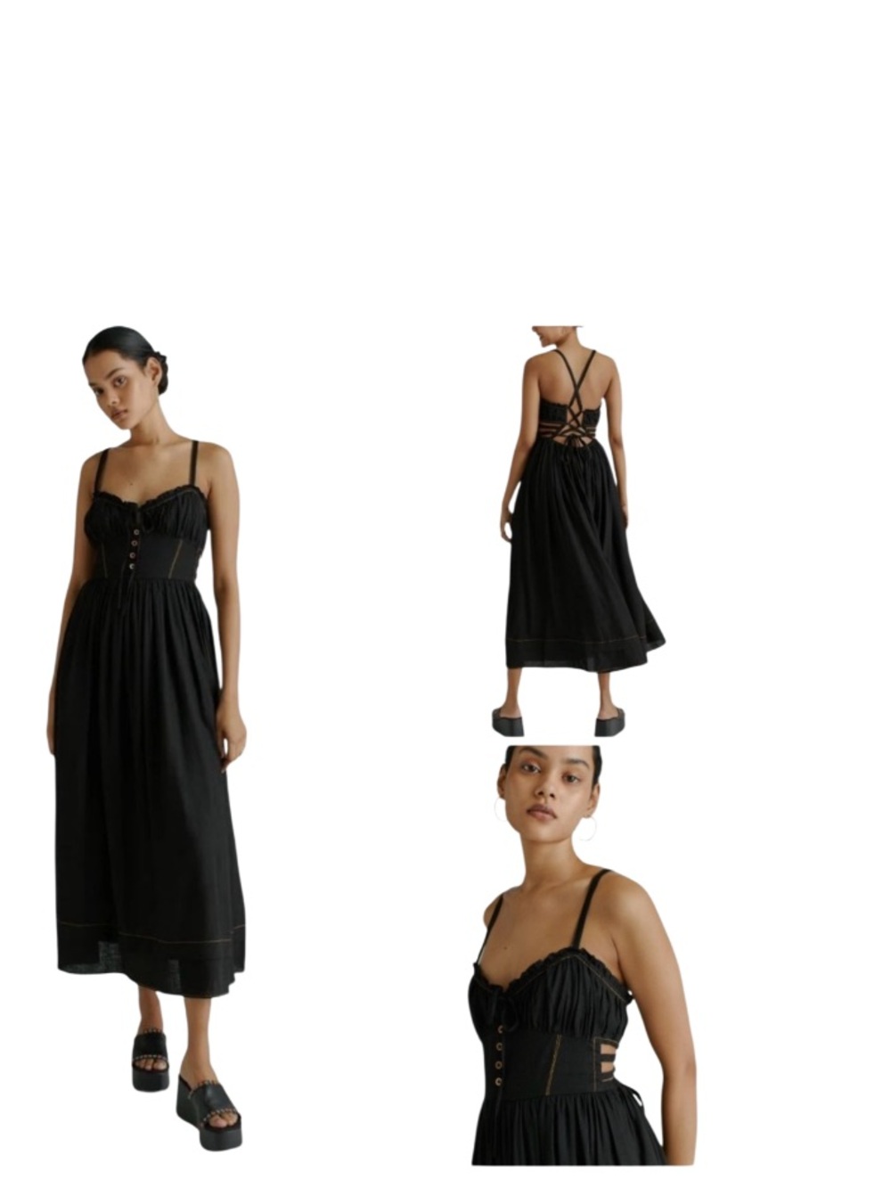 Whimsigoth Urban Outfitters Cora Black Linen Blend Open Back Midi Dress
